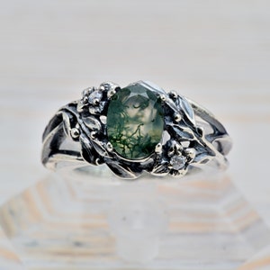 Anillo de ágata acuática: piedra verde musgo ovalada - Plata de ley, estilo art déco, alianza de diamantes con circonitas
