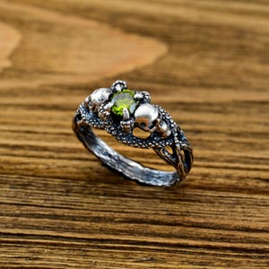 Enchanted Skull Ring - Gothic Peridot Gemstone Jewelry in Sterling Silver, Handmade Unique Gift
