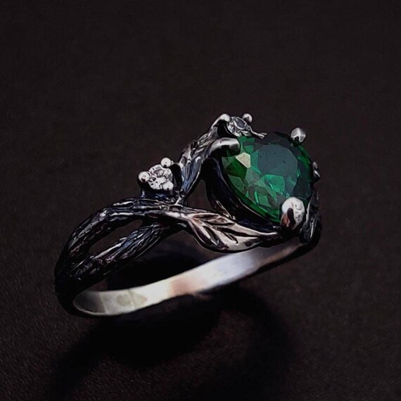 Unique Silver Twig Ring: Art Deco Emerald Branch - Braided Band, Sterling Silver, Custom Engraved Jewelry
