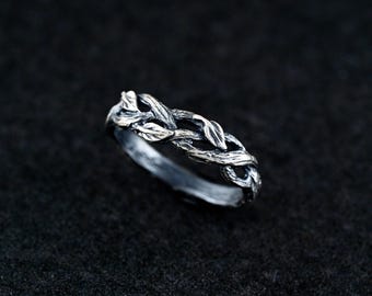 Branch and leaves engagement ring with , Unique branch ring, Tree bark ring in silver, Women&#39;s branch ring, Unusual engagement ring