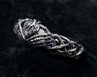 Sterling Silver Gothic Skeleton Hand Ring | Dark Memento Mori Skull Jewelry | Gothic Engagement Band, Promise or Wedding Bone Jewelry