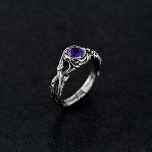 Dainty branch and leaves Amethyst ring, Flower on the twig ring, Wild nature ring, Unique amethyst ring, Unusual engagement ring for her