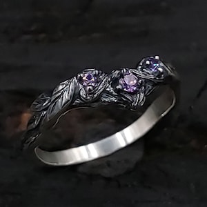 Amethyst Twig Engagement Ring — 925 Sterling Silver Branch & Leaf Design — Nature Inspired Dainty Promise Ring — Boho Woodland