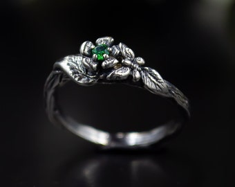 Silver Ring Emerald - Forest Moth Butterfly Statement Ring - Handmade Silver, Adjustable Size, Vintage Charm Jewelry