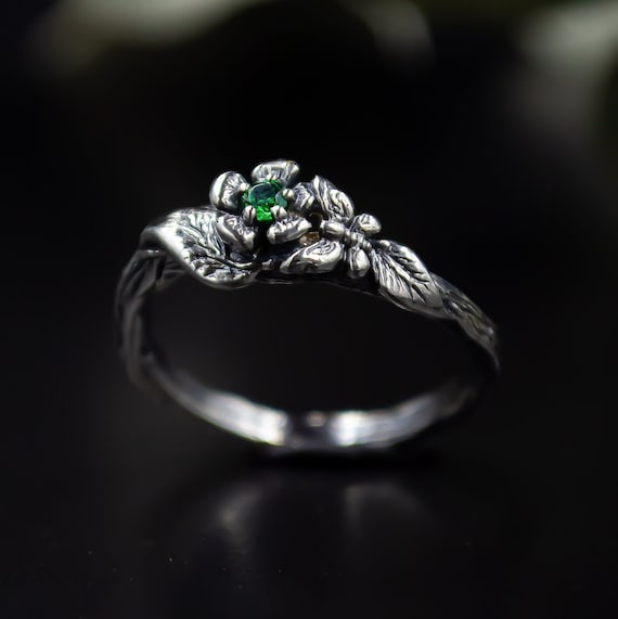 Silver Ring Emerald - Forest Moth Butterfly Statement Ring - Handmade Silver, Adjustable Size, Vintage Charm Jewelry