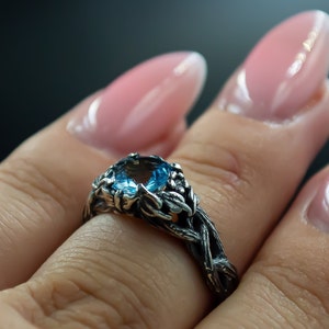 Blue Topaz Branch Engagement Ring, Sterling Silver Twig Wedding Band, Art Deco Nature Inspired Ring, Unique Promise Ring for Women