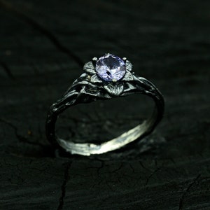 Flower on the twig ring, Wild nature ring, Dainty branch and leaves Amethyst ring, Unique Amethyst ring, Unusual engagement ring for her