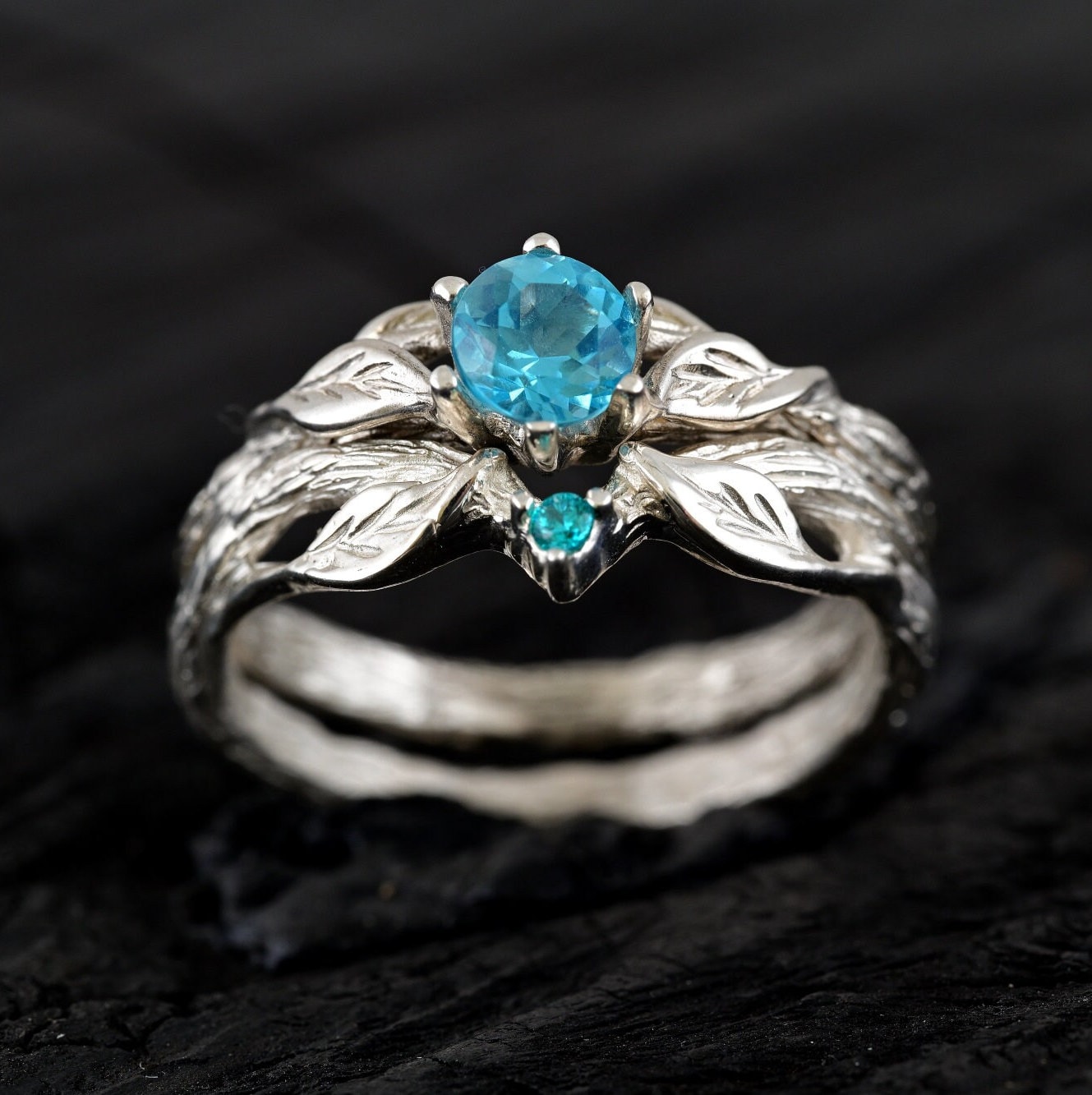 職人によるブルートパーズシルバーリングセット - 自然にインスパイア