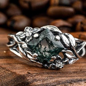 Sterling Silver Vine Ring - Gothic Moss Agate Gemstone Jewelry, Enchanted Bloom