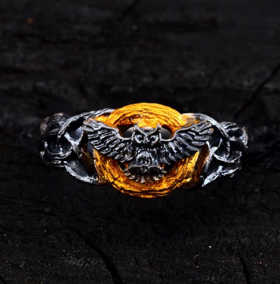 Gothic Owl Ring with Golden Moon Design