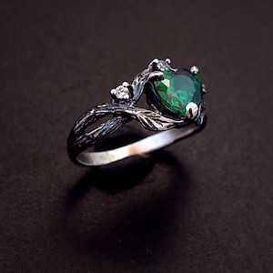 Unique Emerald Ring, Dainty Branch and Leaves Emerald Ring, Flower on ...
