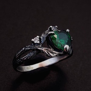 Unique Emerald ring, Dainty branch and leaves Emerald ring, Flower on the twig ring, Wild Emerald ring, Unusual engagement ring for her