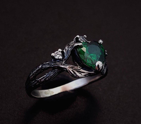 Unique Emerald Ring Dainty Branch and Leaves Emerald Ring Flower