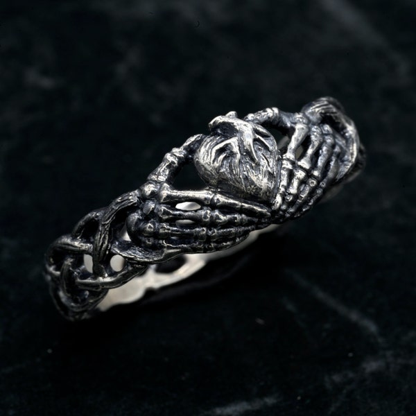 Sterling Silver Dark Gothic Ring, Gothic Engagement Ring, Goth Promise Ring, Skeleton Hand Ring, Love to Death Ring