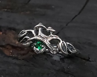 Mushroom Emerald Forest Ring 925 Sterling Silver — Gothic Twig Fungi Band — Witch Cottage Core Jewelry — Handcrafted