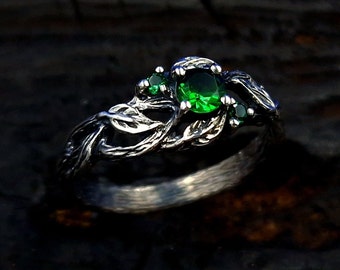 Filigree Leaf Ring with Triple Emeralds, Intricate Branch Design, Sterling Silver, Unique Nature-Inspired Jewelry