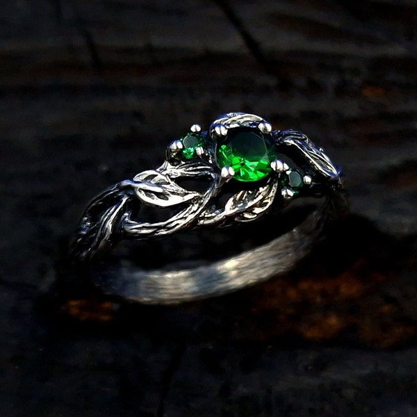 Filigree Leaf Ring with Triple Emeralds, Intricate Branch Design, Sterling Silver, Unique Nature-Inspired Jewelry