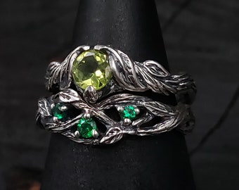Silver Ring Set with Yellow Citrine and Green Emerald Accents