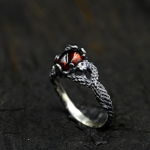 Sterling Silver Garnet Snake Ring - Large Goth Serpent Ring Serpents Of The Thorns - Thorn Snake Ring - Snake and Thorn Nature Ring