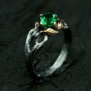 Unique Emerald Gold ring, Dainty branch and leaves ring, Flower on the twig ring, Wild Emerald ring, Unusual engagement ring for her
