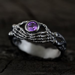 Handcrafted Amethyst Skeleton Hand Ring | Sterling Silver Gothic Jewelry | Unique Artisan Gift with Mystical Purple Gemstone