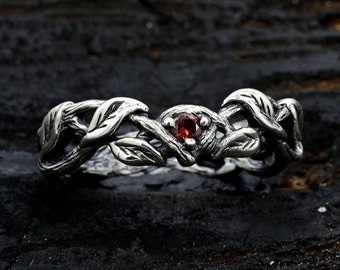 Celtic Garnet silver ring, Tiny branch silver ring with garnet, Celtic knot silver engagement ring, Women's celtic sterling silver ring