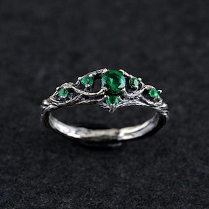Filigree Leaf Ring with Triple Emeralds, Intricate Branch Design, Sterling Silver, Unique Nature-Inspired Jewelry
