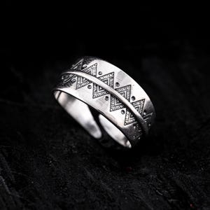 Sterling Silver Tribal Boho Ring - Engraved Geometric Band, Ancient Symbol of Strength