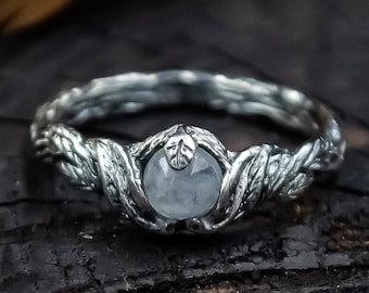 Unique Moonstone ring, Dainty branch and leaves Moonstone ring, Flower on the twig ring, Wild Moonstone ring, Unusual engagement ring fo her