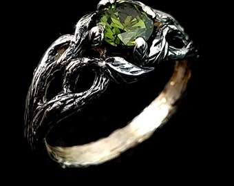 Peridot Branch Leaf Vine Ring — 925 Sterling Silver Nature Twig Band — Green Gemstone Gothic Jewelry — Handmade Engagement Gift for Her