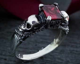 Gotische schedel verlovingsring, Goth ring, Sterling Zilver donkere gotische schedel verlovingsring, skeletring