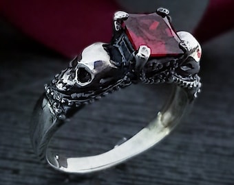 Anillo de compromiso con calavera gótica, anillo gótico, anillo de compromiso con calavera gótica oscura de plata esterlina, anillo de esqueleto