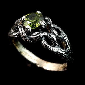 Elven Peridot Wedding Ring, Elven Engagement Ring, Dark Elven Silver Natural Stone Engagement Ring, Peridot Engagement Ring, Ring of Power