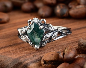 Kite Cut Moss Agate Engagement Ring Gothic Vintage Leaf Design Sterling Silver Handmade Nature Wedding Ring Botanical Green Stone