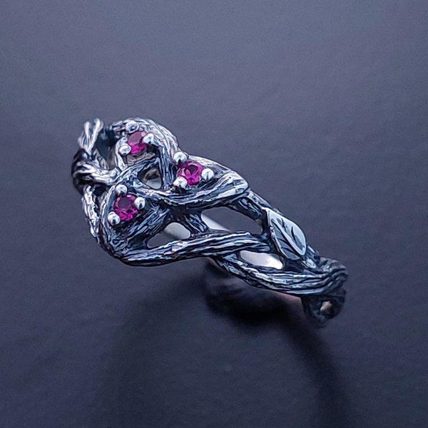 Unique Silver Twig Ring - Ruby Branch Engagement Ring - Braided Branch Engagement Ring With Ruby - Womens Twig Ring - Unusual Ring