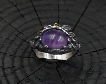 Amethyst Engagement Ring - Silver Twig Ring for Women - Unique Birthstone Jewelry - Romantic Gift for Girlfriend