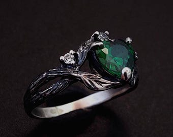 Unique Emerald ring, Dainty branch and leaves Emerald ring, Flower on the twig ring, Wild Emerald ring, Unusual engagement ring for her
