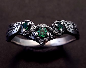 Tree Inspired Silver Ring with Emerald Green Stone | Forest Motif Jewelry for Engagement, Wedding, Gift for Her