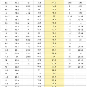 May include: A chart comparing ring sizes in millimeters and different sizing systems, including US/Canada, UK, France, Germany/Ukraine, Japan, and Switzerland. The chart shows the corresponding ring size in each system for a range of diameters from 14 to 25.5 millimeters.