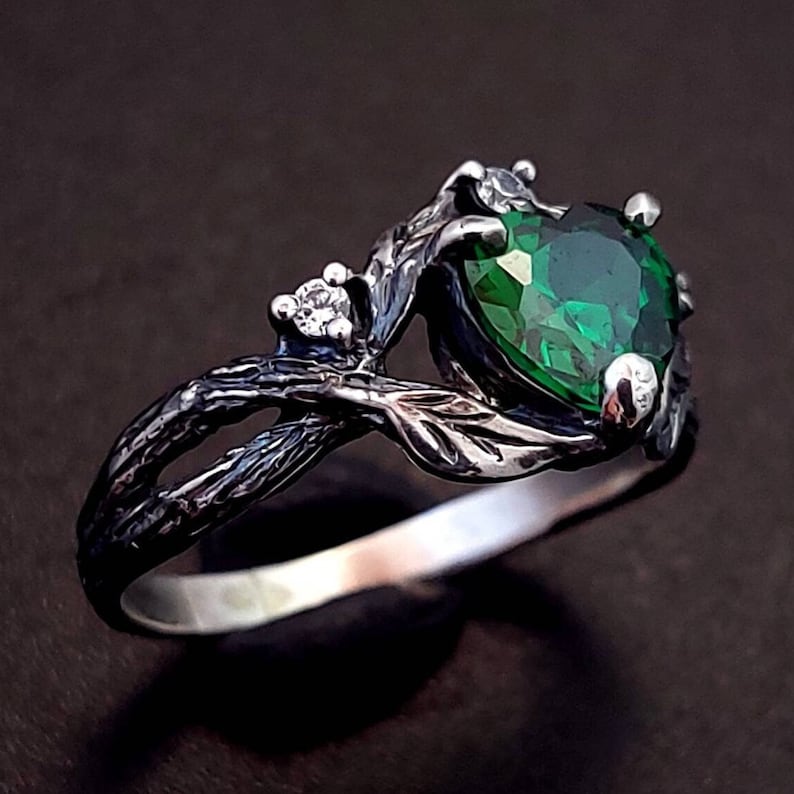 Celtic emerald silver ring, Tiny branch silver ring with emerald, Celtic knot silver engagement ring, Women's keltic sterling silver ring image 1