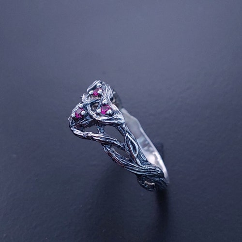 Unique shops Silver Twig Ring - Ruby Branch Engagement Ring - Braided Branch Engagement Ring With Ruby - Womens Twig Ring - Unusual Ring