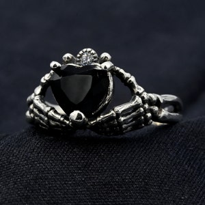Sterling Silver Dark Gothic Ring, Gothic Engagement Ring, Goth Promise Ring, Skeleton Hand Ring, Love to Death Ring