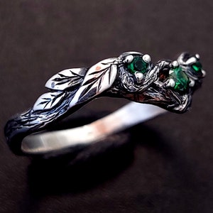 Engagement Forest silver with magics to stones and leaves twisted ring, Unique nature inspired silver ring