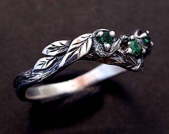 Bague torsadée en argent forêt de fiançailles avec magie, pierres et feuilles, bague en argent inspirée de la nature unique