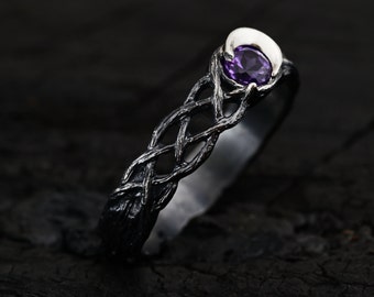 Elegant Sterling Silver Moon Ring with Amethyst - Mystical Lunar Design, Handcrafted Crescent Moon Purple Gemstone Ring