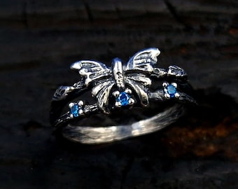 Butterfly ring nature ring twigs ring, woodland inspired jewelry with blue stones, rustic silver band, forest jewelry boho floral jewelry