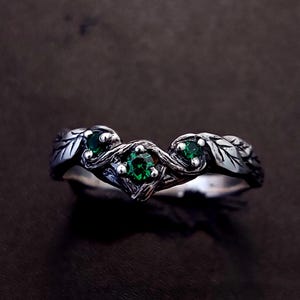 Emerald Branch Ring With Sculpted Leaves — 925 Sterling Silver Twig ...