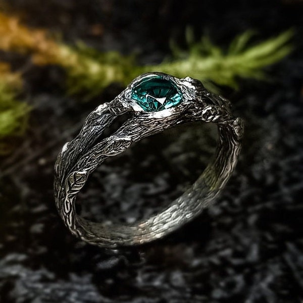 Silberring keltische Verlobung: Dunkler gotischer Smaragdstein, Art Deco inspiriert (handgefertigtes Sterlingsilber, mystische Energie, Geschenk für Sie)