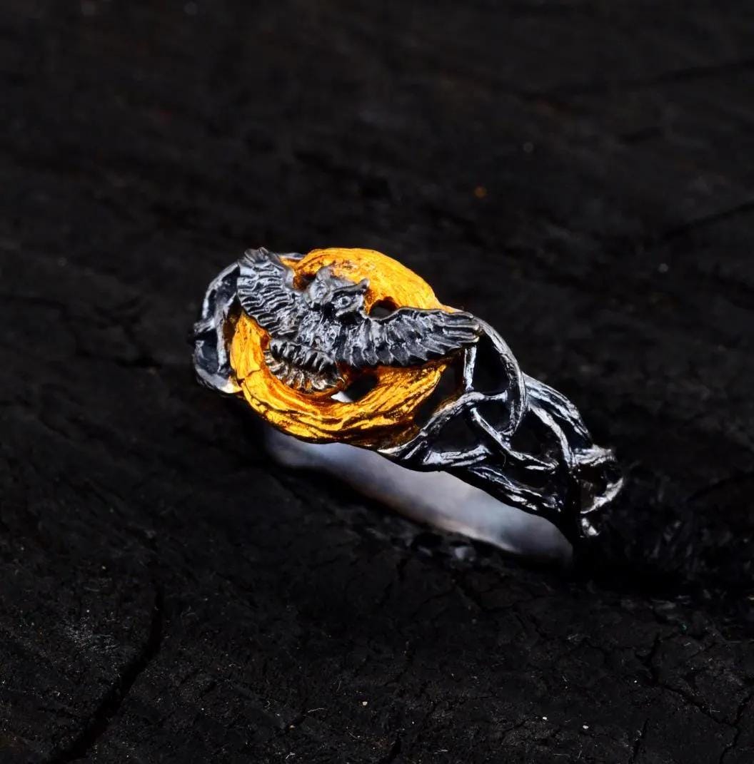 Sterling Silver Owl Ring - Golden Moon Gothic Jewelry, Handmade Celestial Gift