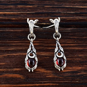 Sterling Silver Moon Earrings with Garnet - Handcrafted Dangle Jewelry